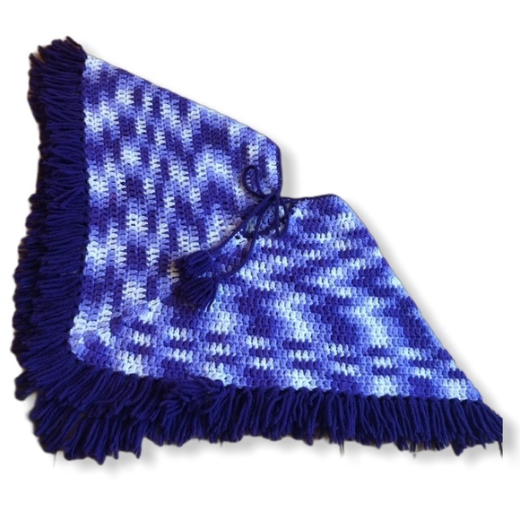 Handmade Knit Girls Poncho Shawl Fringe Purple Size Small - Picture 3 of 7